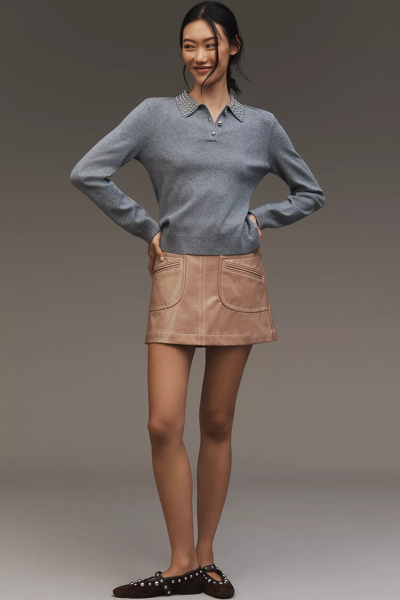 By Anthropologie Studded-Collar Polo Sweater