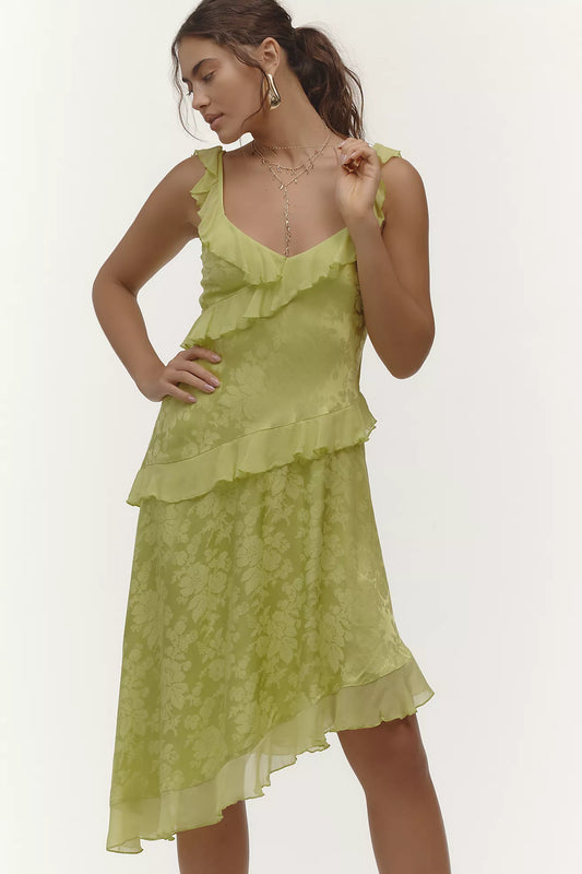 By Anthropologie V-Neck Ruffle Asymmetrical Midi Dress