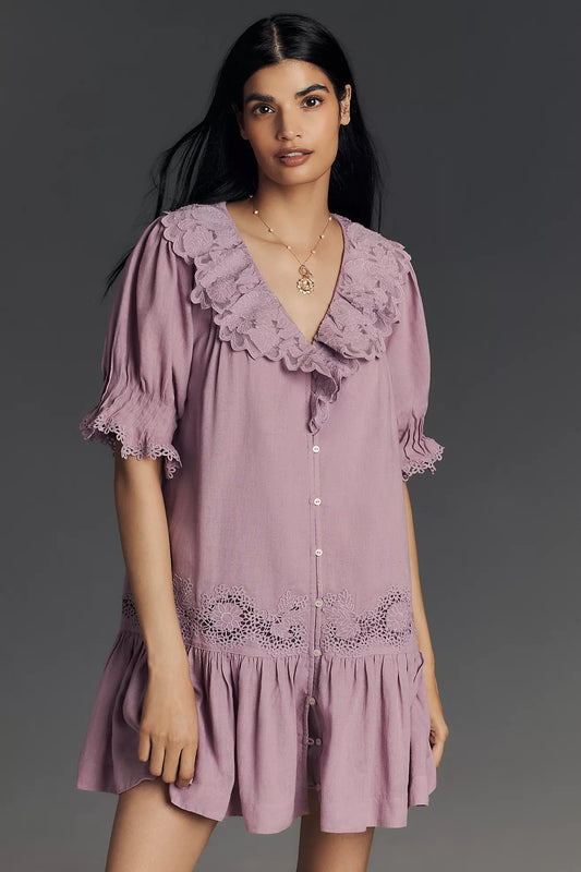 By Anthropologie Linen Blend Puff-Sleeve V-Neck Tunic Mini Dress