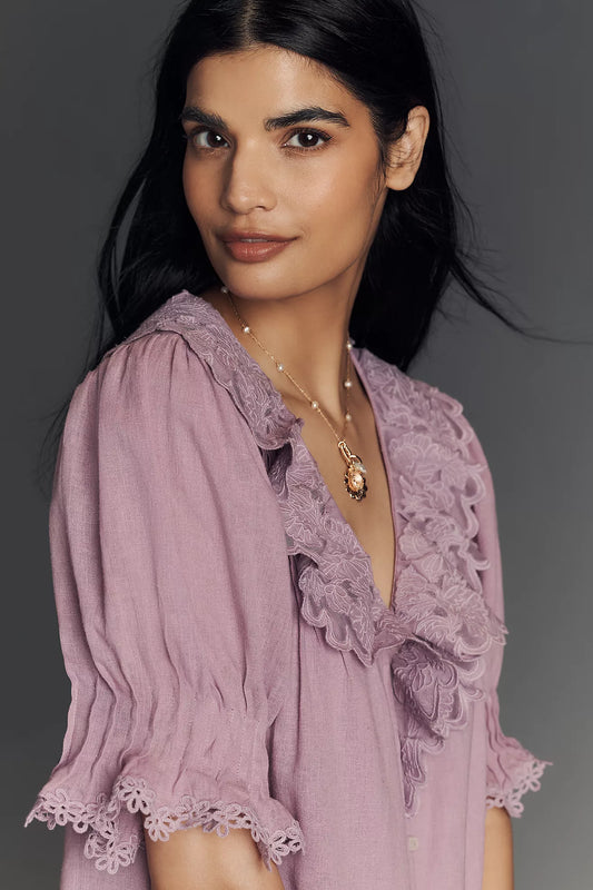 By Anthropologie Linen Blend Puff-Sleeve V-Neck Tunic Mini Dress