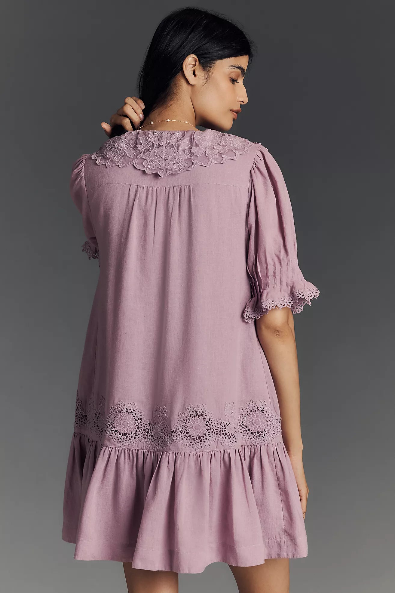 By Anthropologie Linen Blend Puff-Sleeve V-Neck Tunic Mini Dress