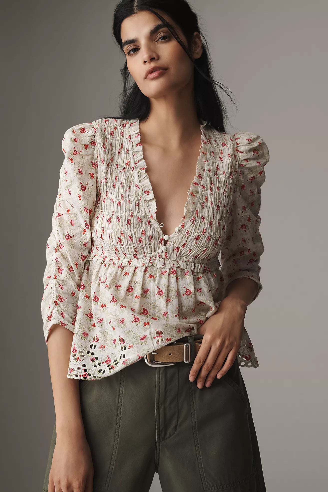 By Anthropologie Ruched-Sleeve Smocked Blouse