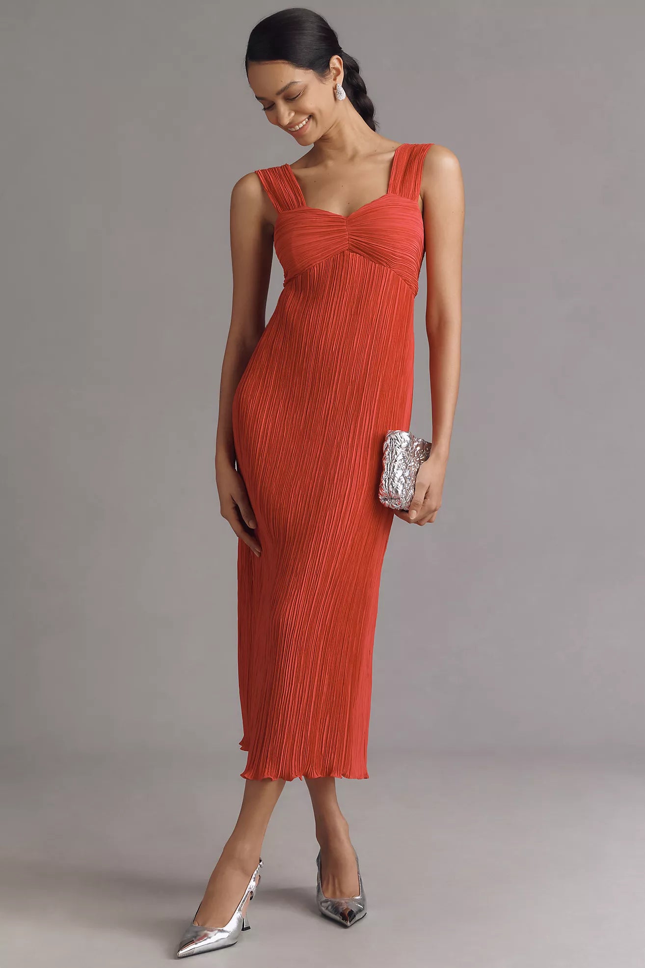 By Anthropologie Sleeveless Pleated Satin Midi Dress – katie + hubbell