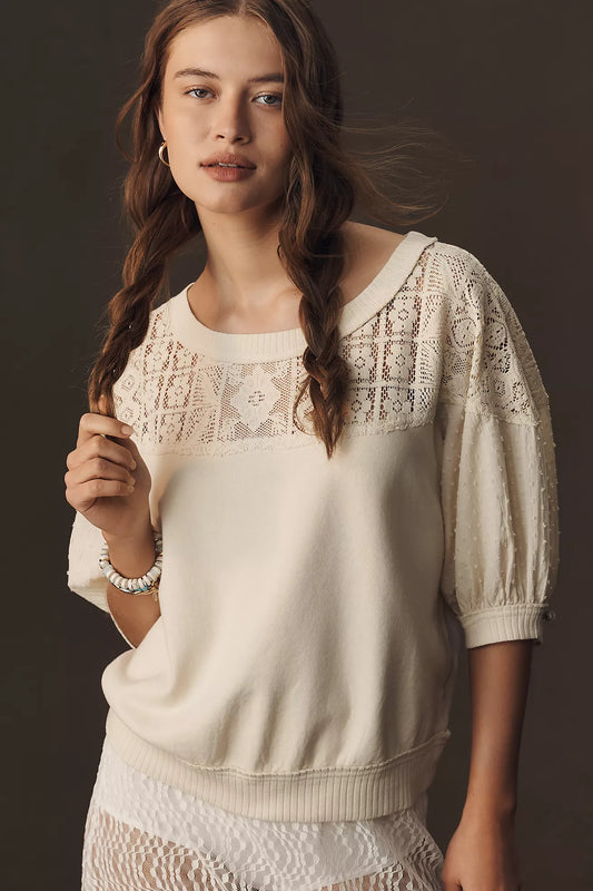 Pilcro Mixed Fabric Crew Neck Elbow Sleeve Top