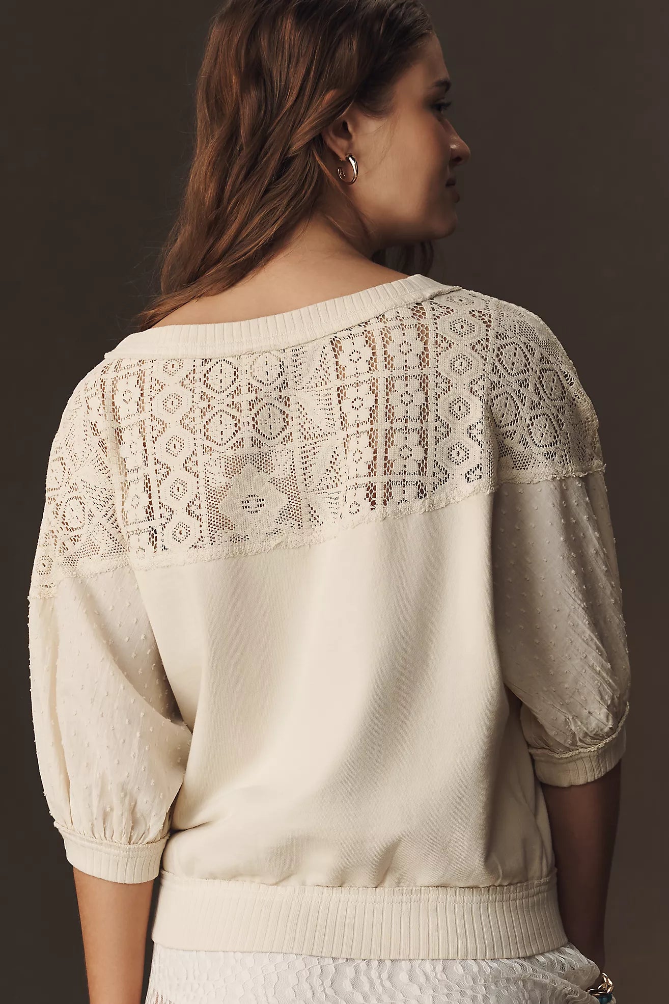 Pilcro Mixed Fabric Crew Neck Elbow Sleeve Top