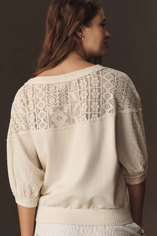 Pilcro Mixed Fabric Crew Neck Elbow Sleeve Top