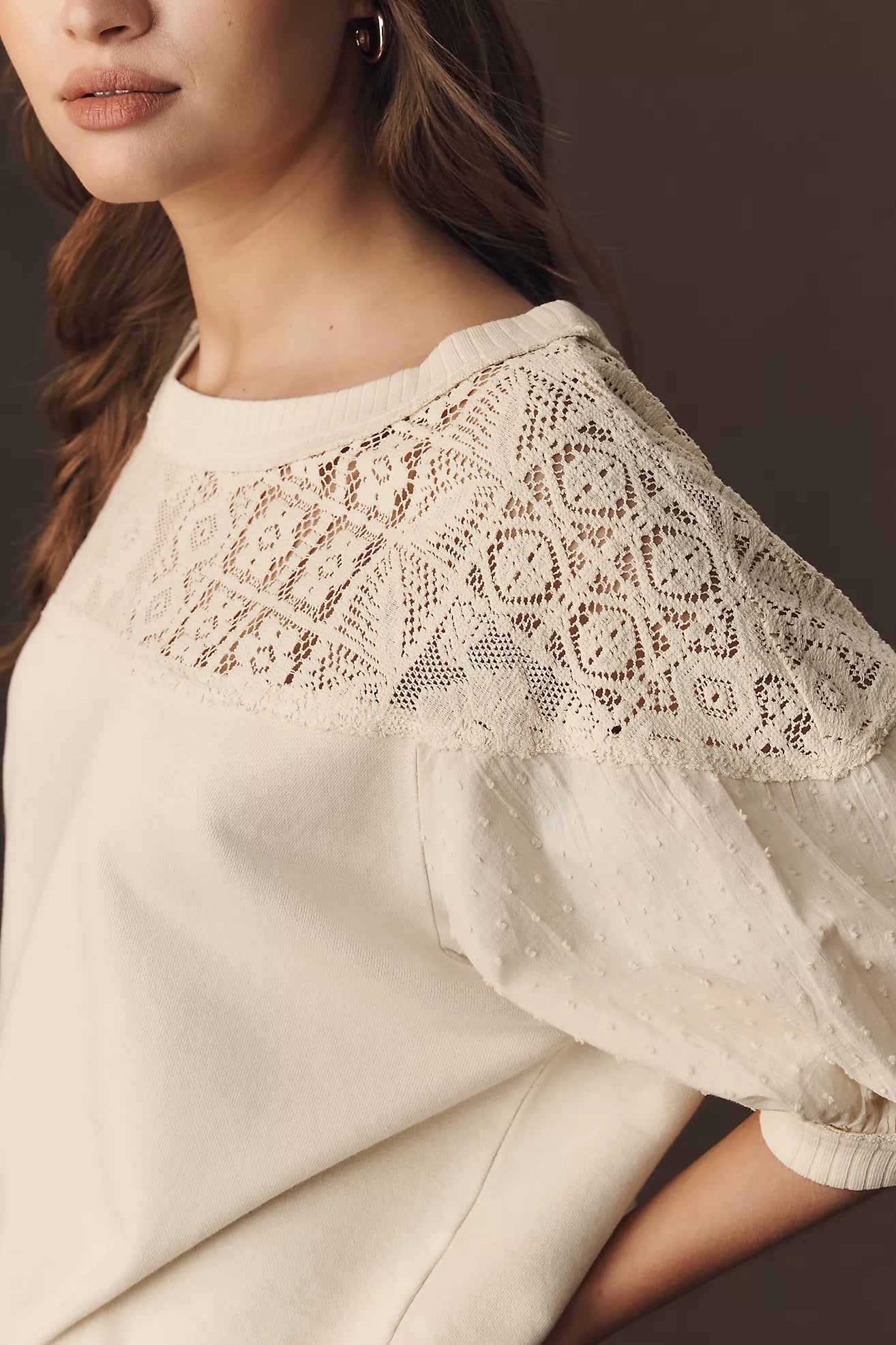 Pilcro Mixed Fabric Crew Neck Elbow Sleeve Top