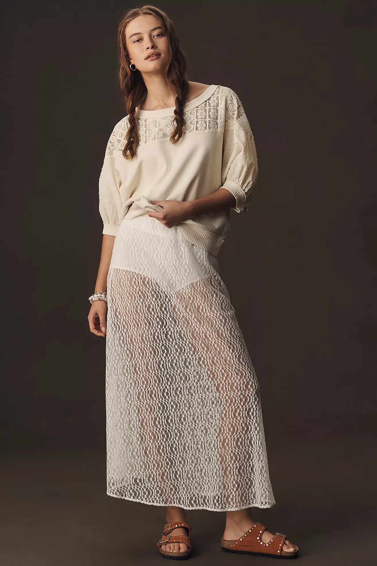 Pilcro Mixed Fabric Crew Neck Elbow Sleeve Top