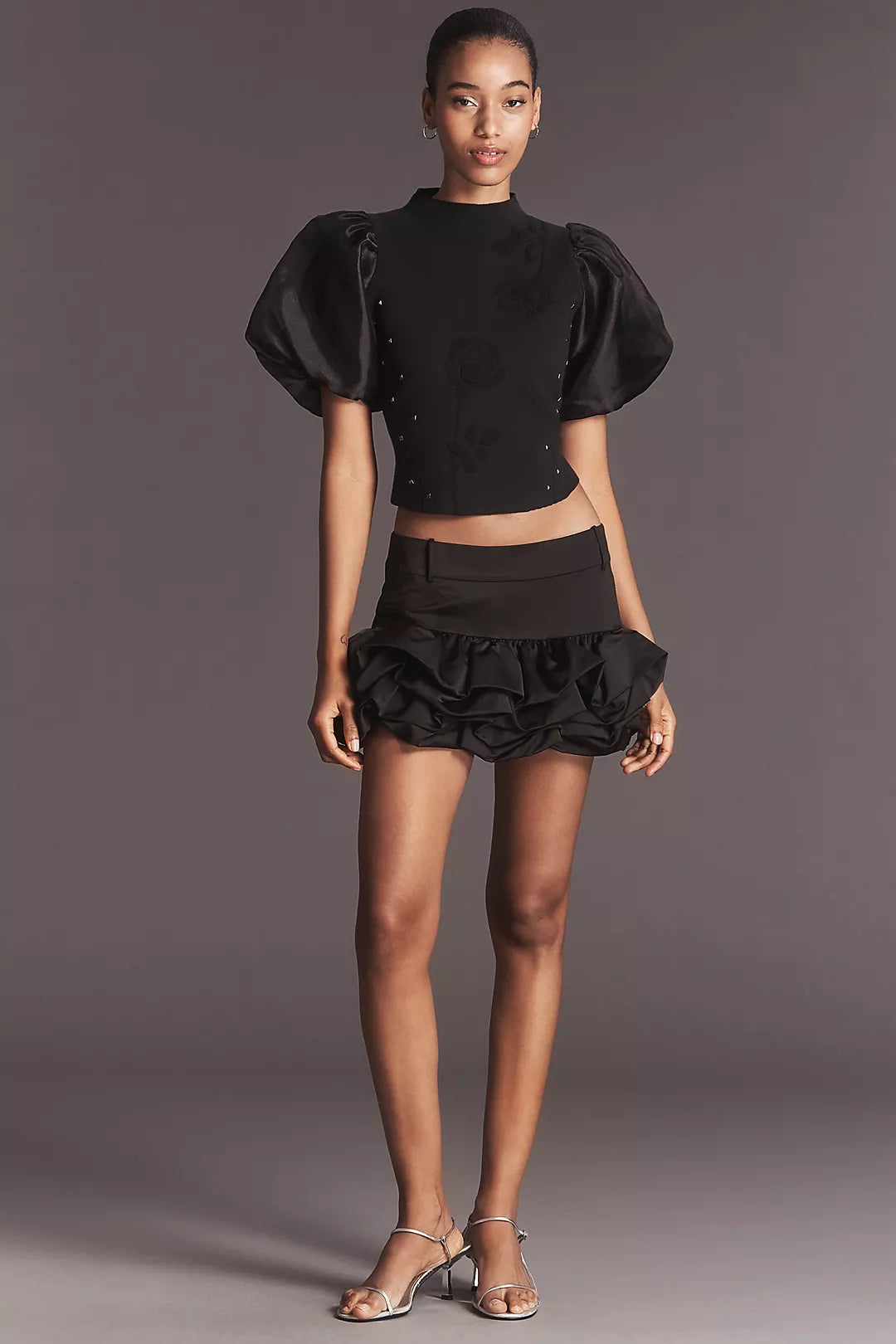 By Anthropologie Puff-Sleeve Mock-Neck Floral Sweater
