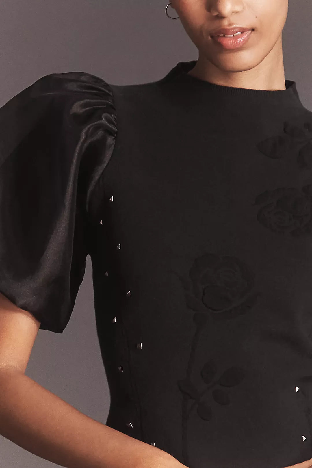 By Anthropologie Puff-Sleeve Mock-Neck Floral Sweater