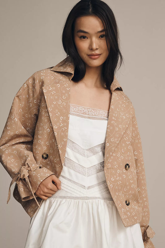 By Anthropologie Floral Cutwork Cropped Trench Jacket