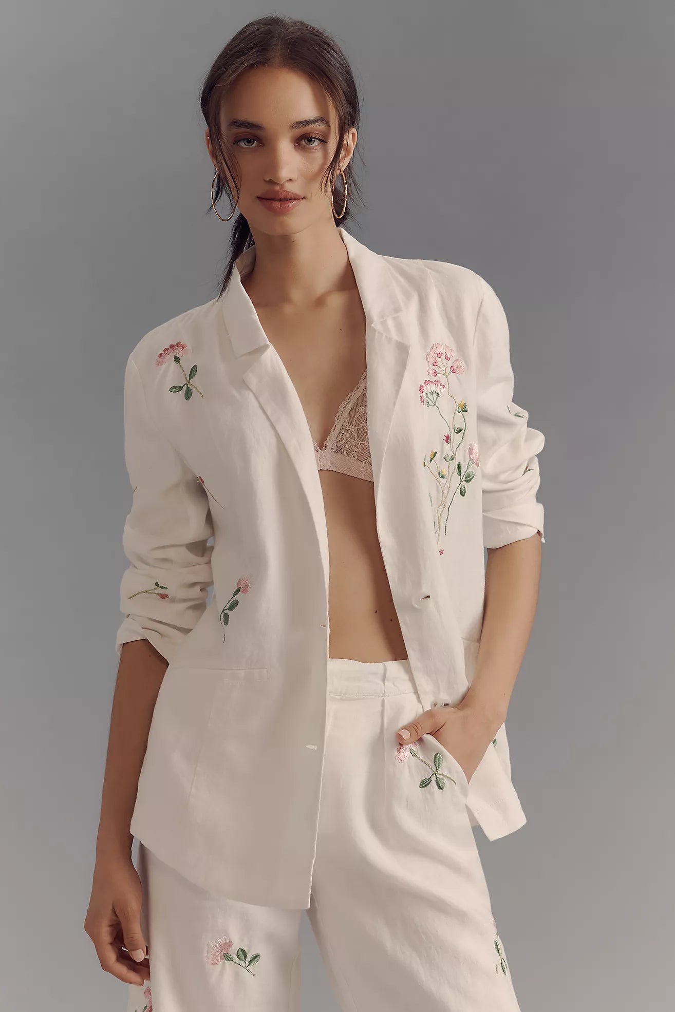 By Anthropologie Linen Embroidered Blazer