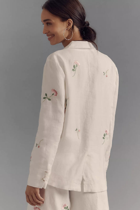 By Anthropologie Linen Embroidered Blazer