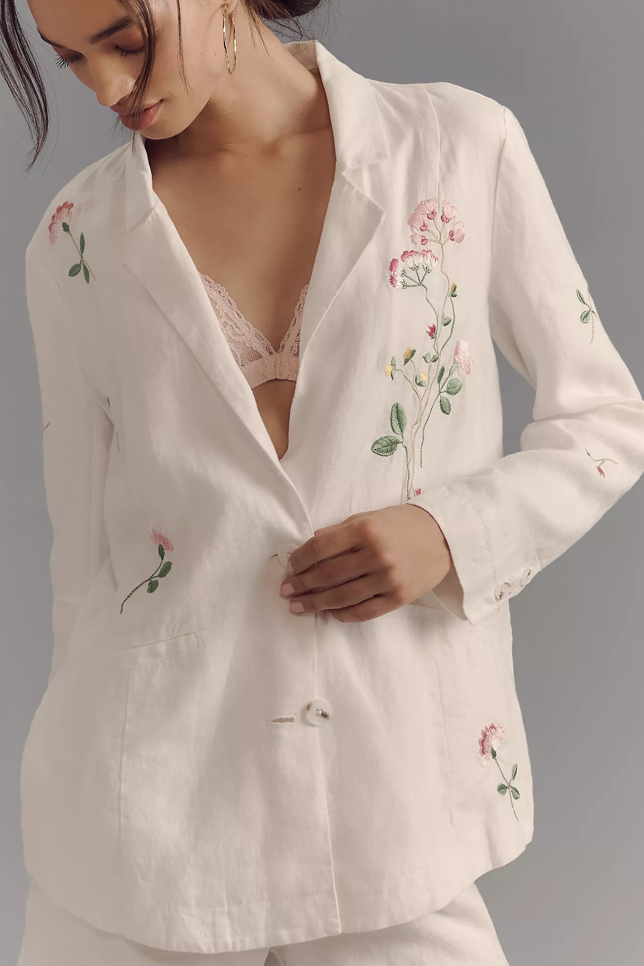 By Anthropologie Linen Embroidered Blazer