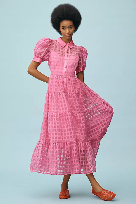 English Factory Organza Short-Sleeve Button-Front Midi Dress