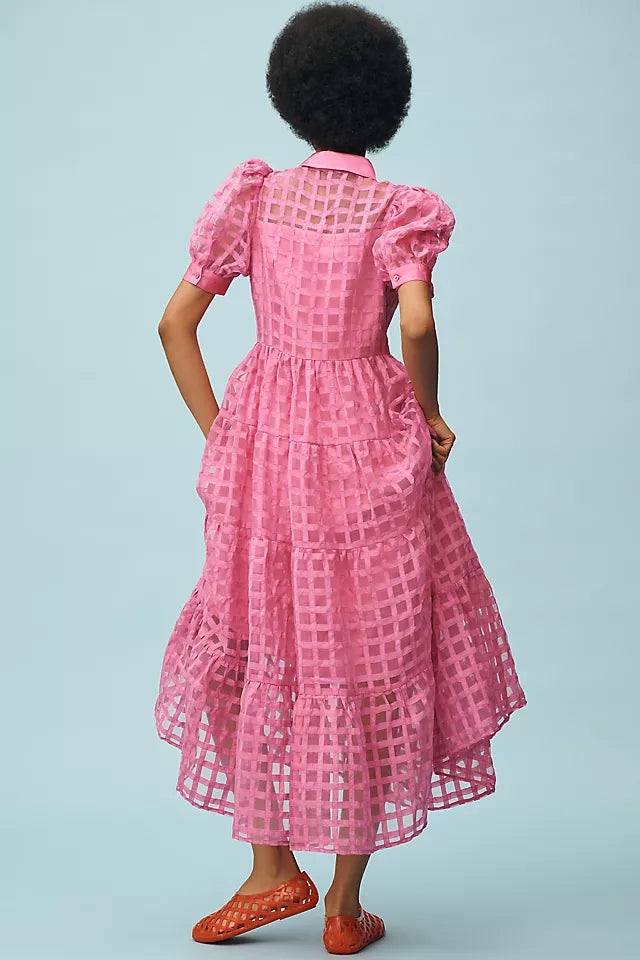 English Factory Organza Short-Sleeve Button-Front Midi Dress