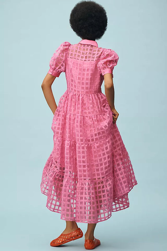English Factory Organza Short-Sleeve Button-Front Midi Dress