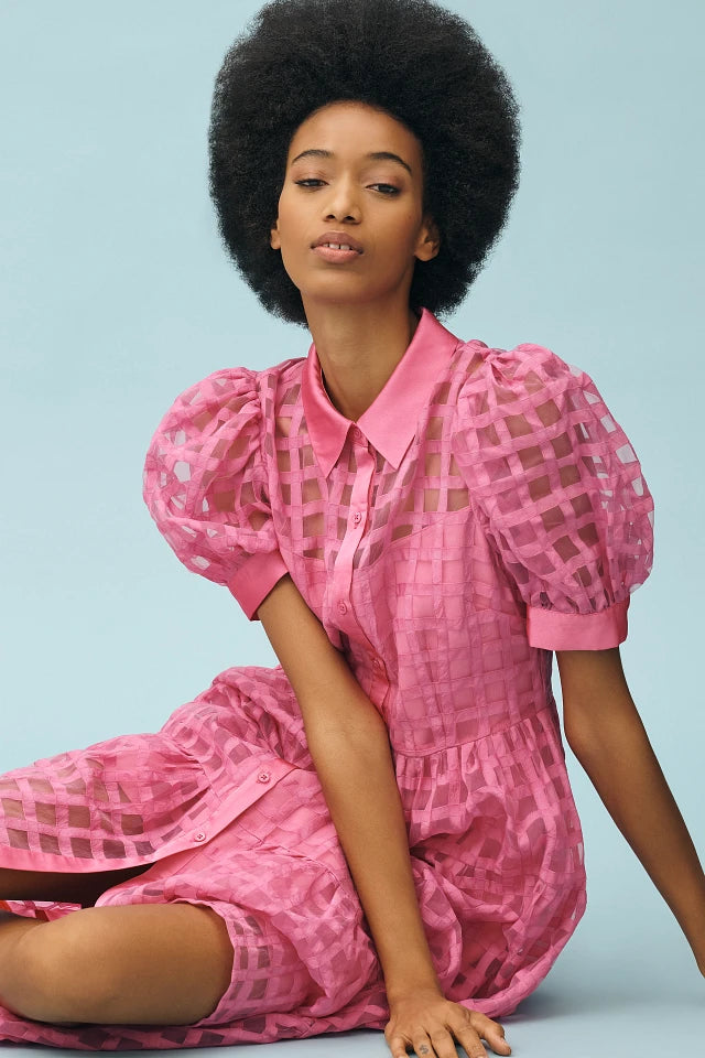 English Factory Organza Short-Sleeve Button-Front Midi Dress