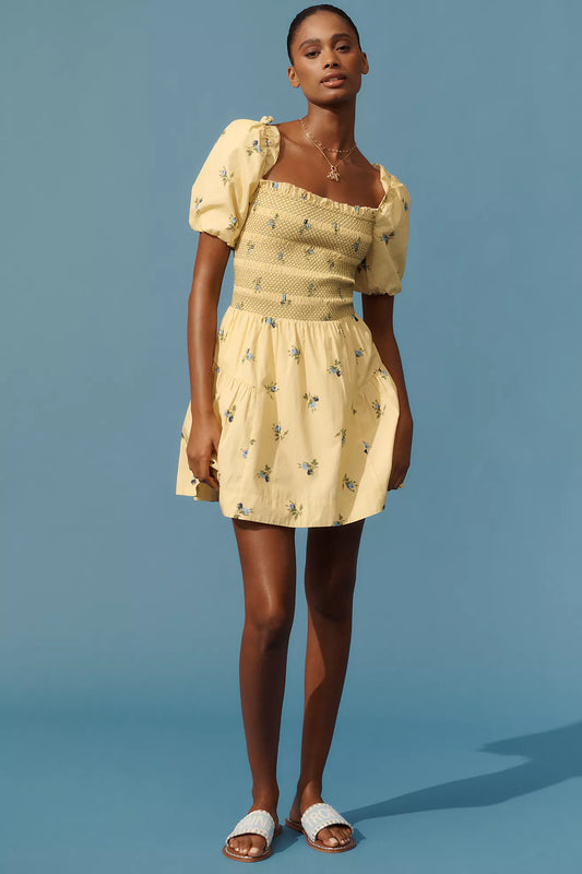 By Anthropologie Puff-Sleeve Square-Neck Smocked Mini Dress