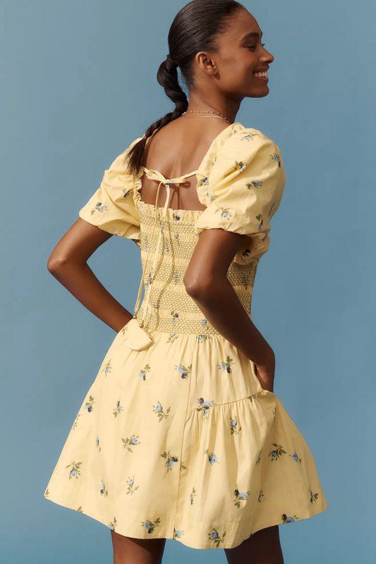 By Anthropologie Puff-Sleeve Square-Neck Smocked Mini Dress