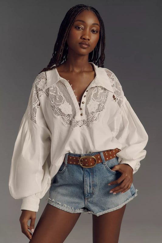 Maeve Puff-Sleeve Collared Yoke Blouse