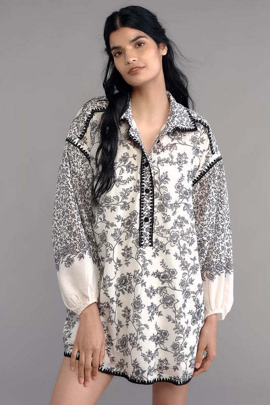 By Anthropologie Puff-Sleeve Mini Shirt Dress
