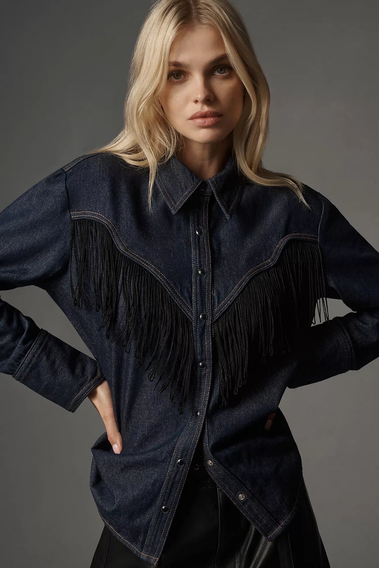 Let Me Be Fringe Denim Buttondown Shirt