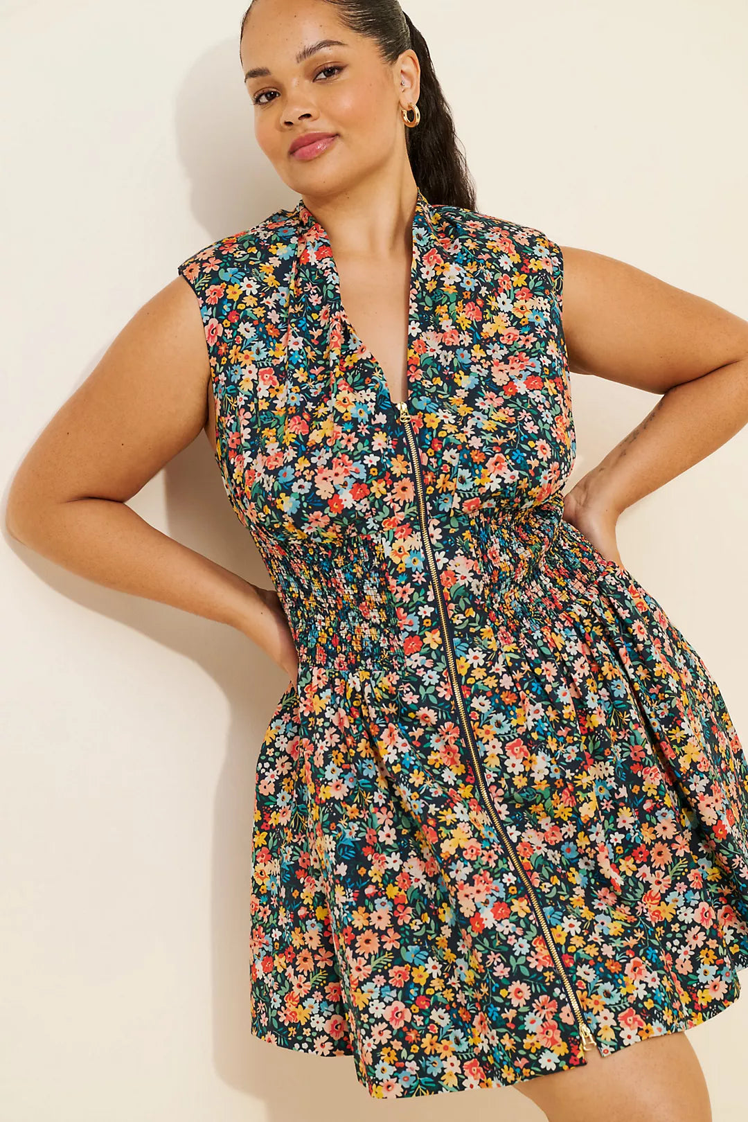 The Tommie Cap-Sleeve Smocked Front-Zip Shirt Dress: Mini Edition