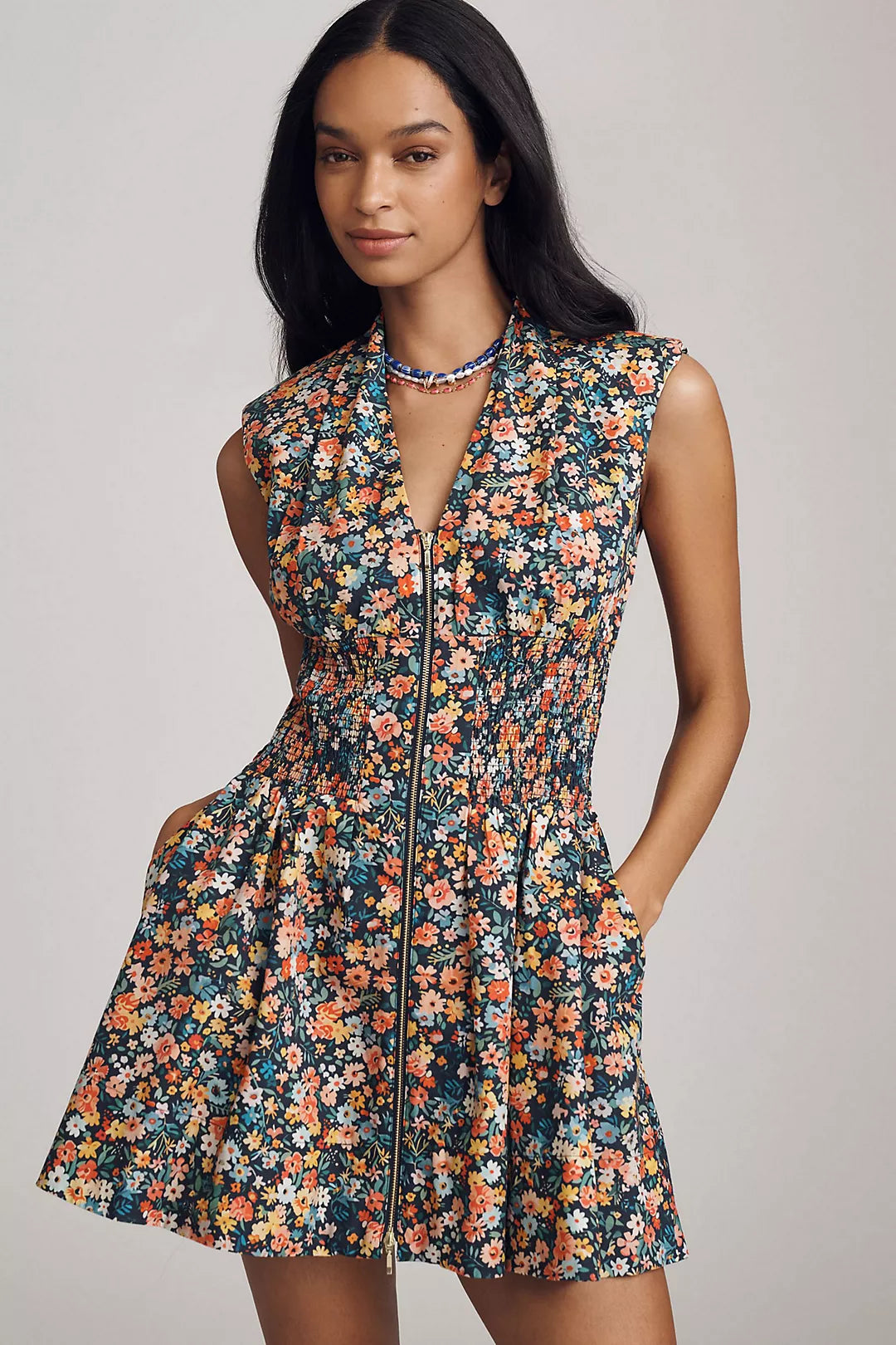 The Tommie Cap-Sleeve Smocked Front-Zip Shirt Dress: Mini Edition