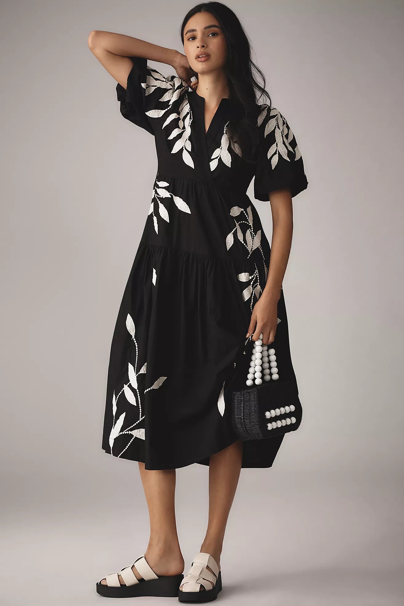 By Anthropologie Short-Sleeve Embroidery Appliqué Midi Dress