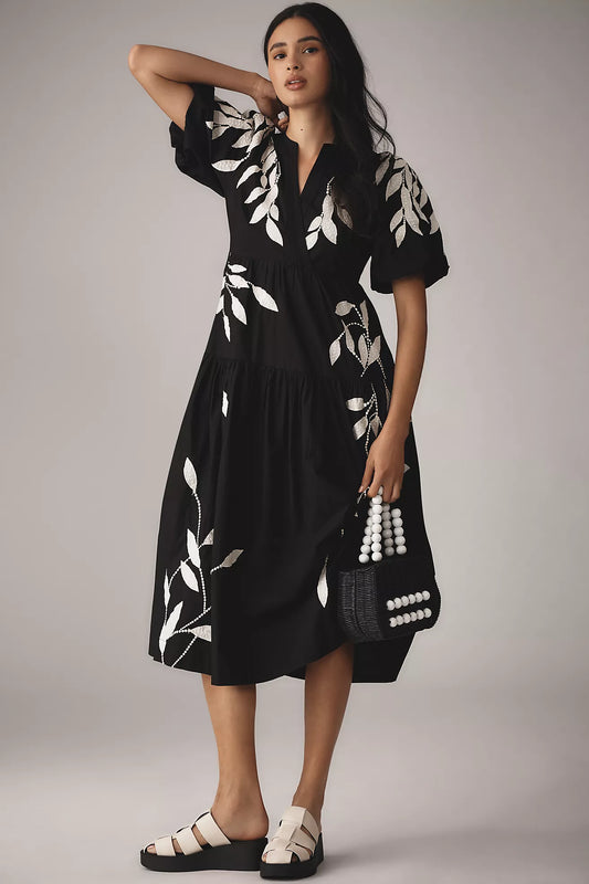 By Anthropologie Short-Sleeve Embroidery Appliqué Midi Dress