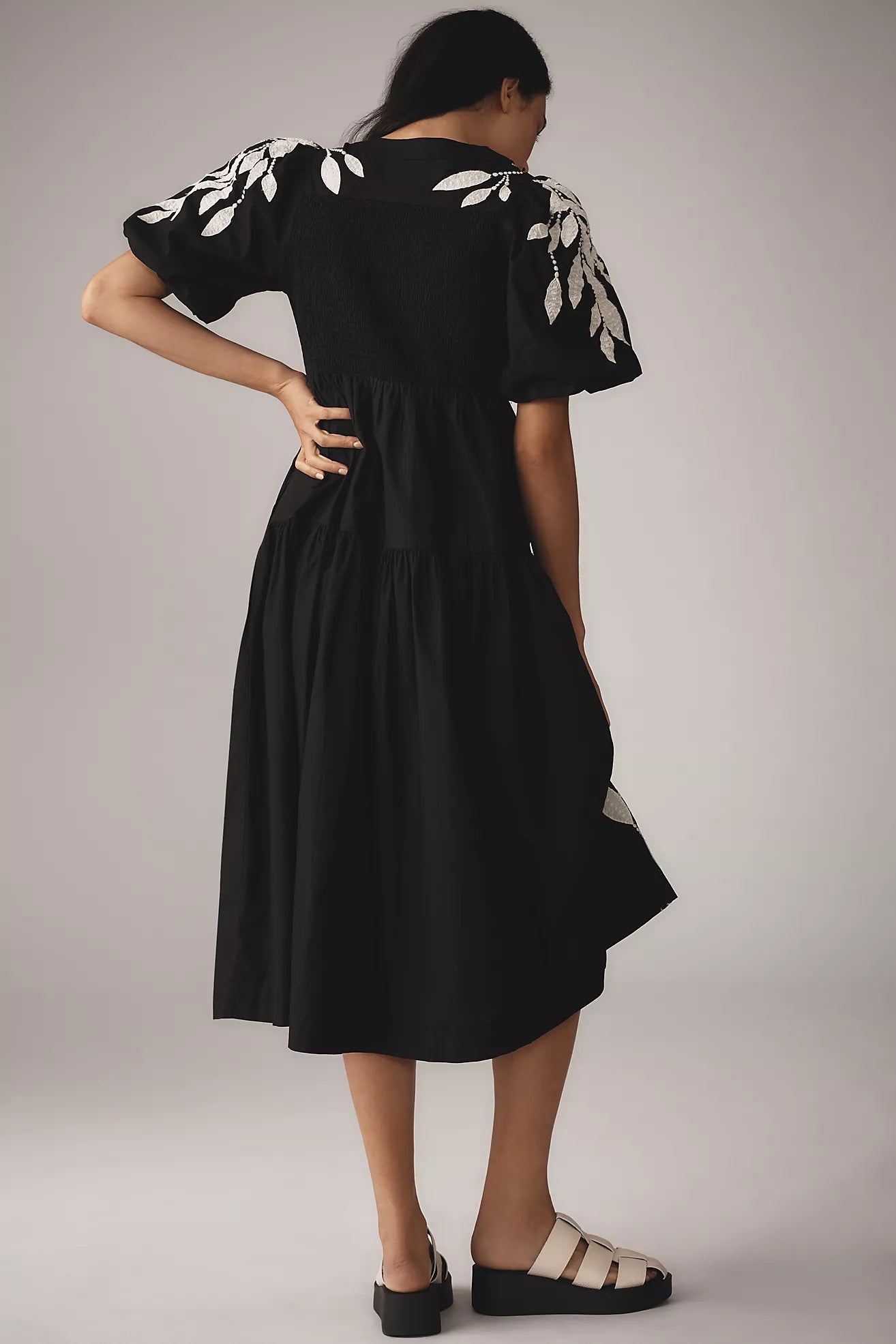 By Anthropologie Short-Sleeve Embroidery Appliqué Midi Dress