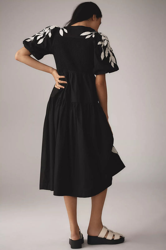 By Anthropologie Short-Sleeve Embroidery Appliqué Midi Dress