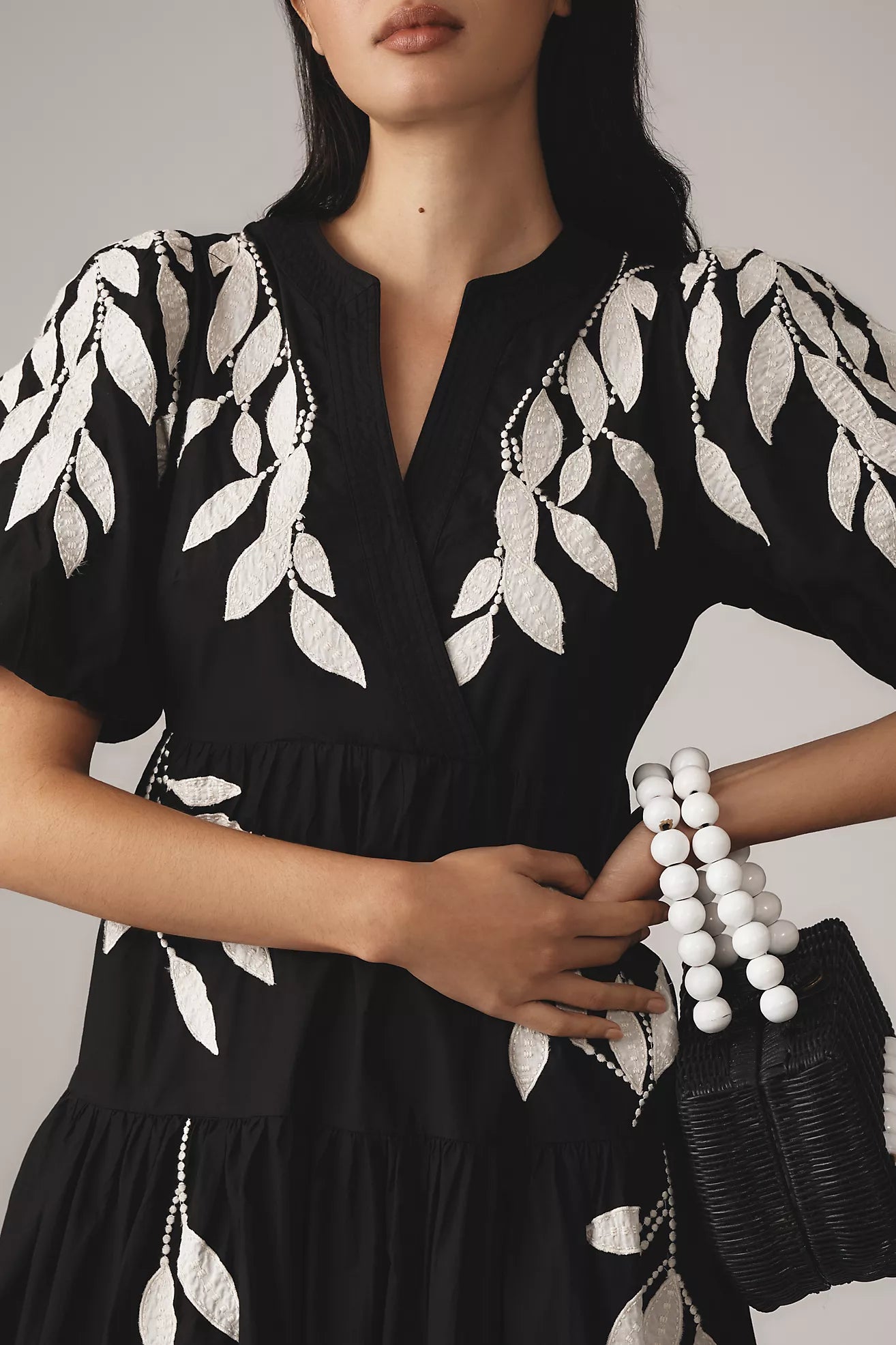By Anthropologie Short-Sleeve Embroidery Appliqué Midi Dress