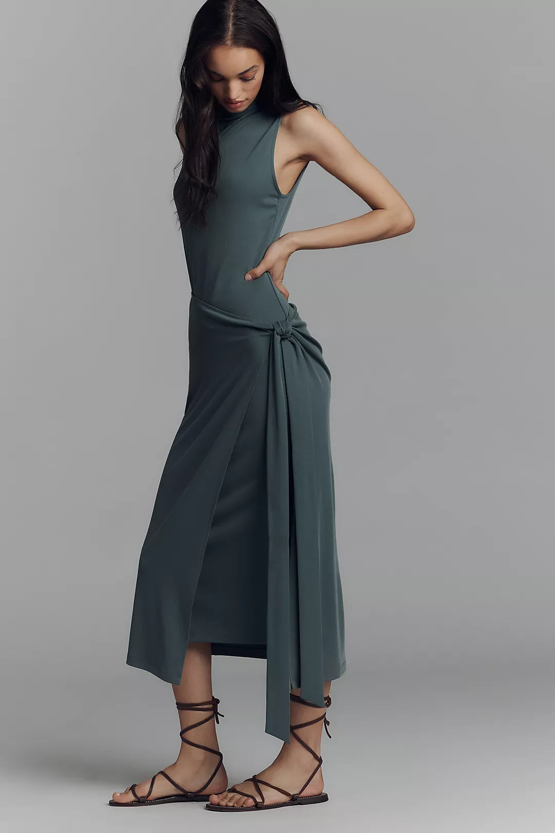 Good American x Anthropologie Sleeveless Mock-Neck Ribbed Knit Wrap Dress