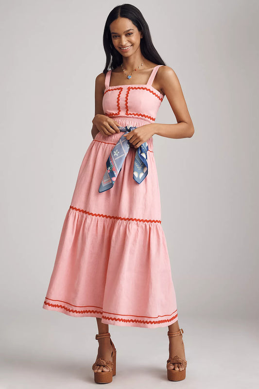 English Factory Linen Cotton Ric Rac Midi Dress