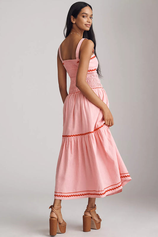 English Factory Linen Cotton Ric Rac Midi Dress
