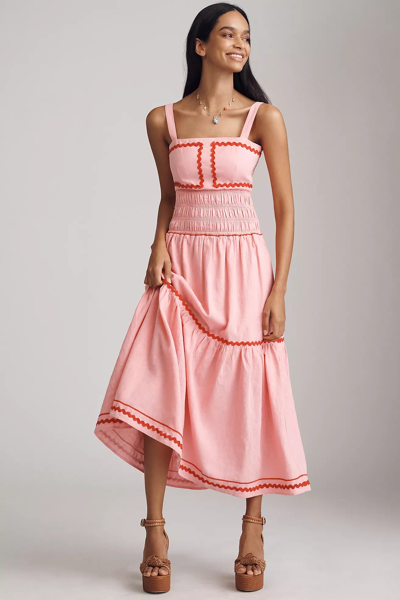English Factory Linen Cotton Ric Rac Midi Dress