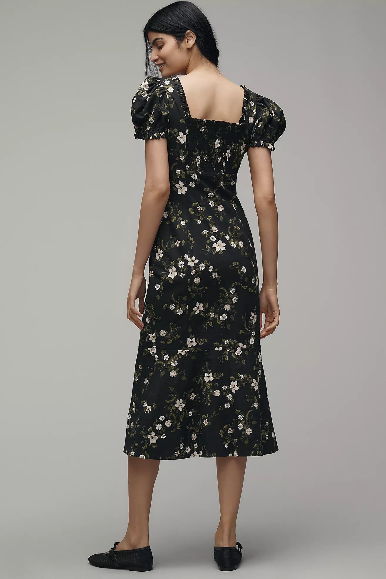 Maeve Linen Blend Puff-Sleeve Sweetheart Midi Dress