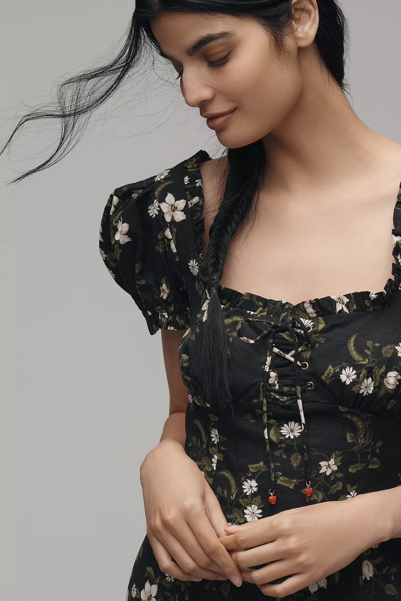 Maeve Linen Blend Puff-Sleeve Sweetheart Midi Dress