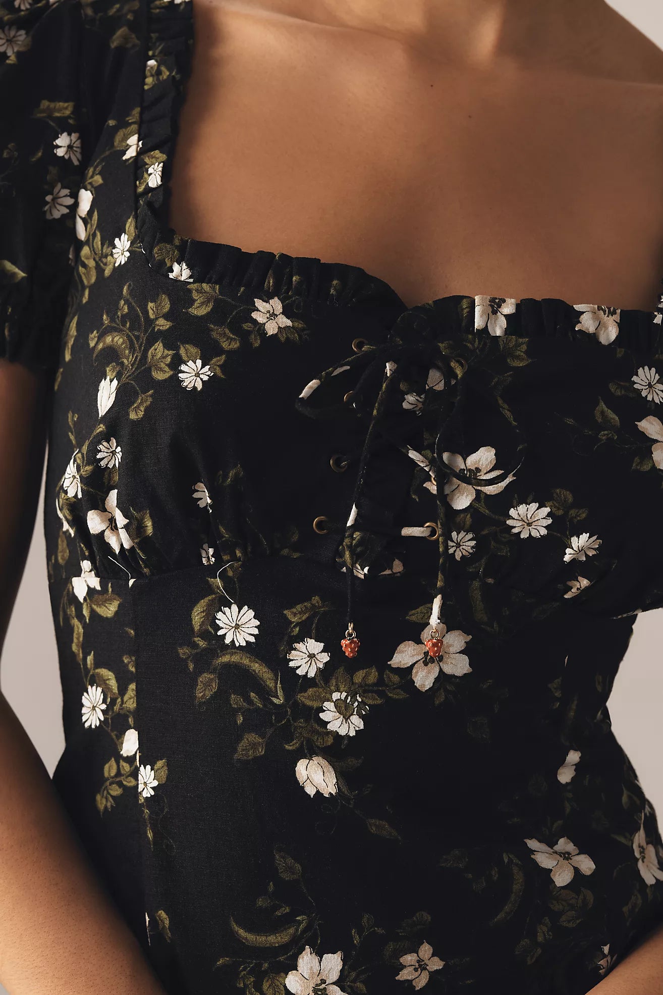 Maeve Linen Blend Puff-Sleeve Sweetheart Midi Dress