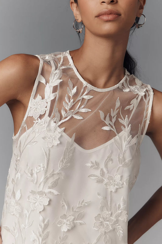 Flat White Sheer Embroidered Mini Dress