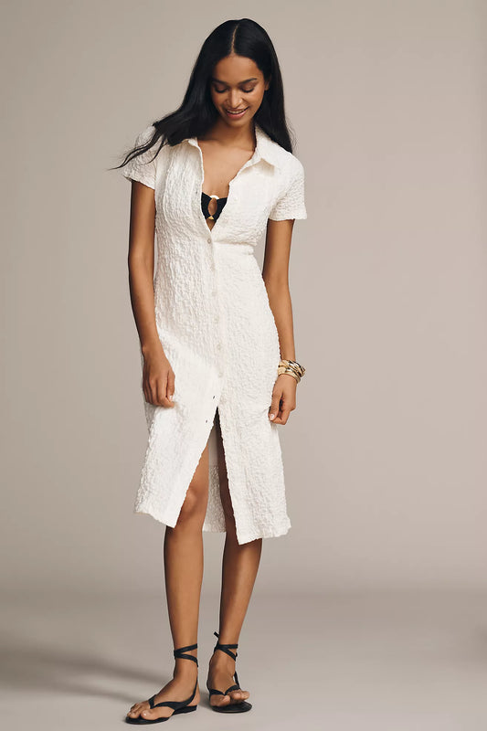 By Anthropologie Short-Sleeve Collared Textured Midi Shirt Dress