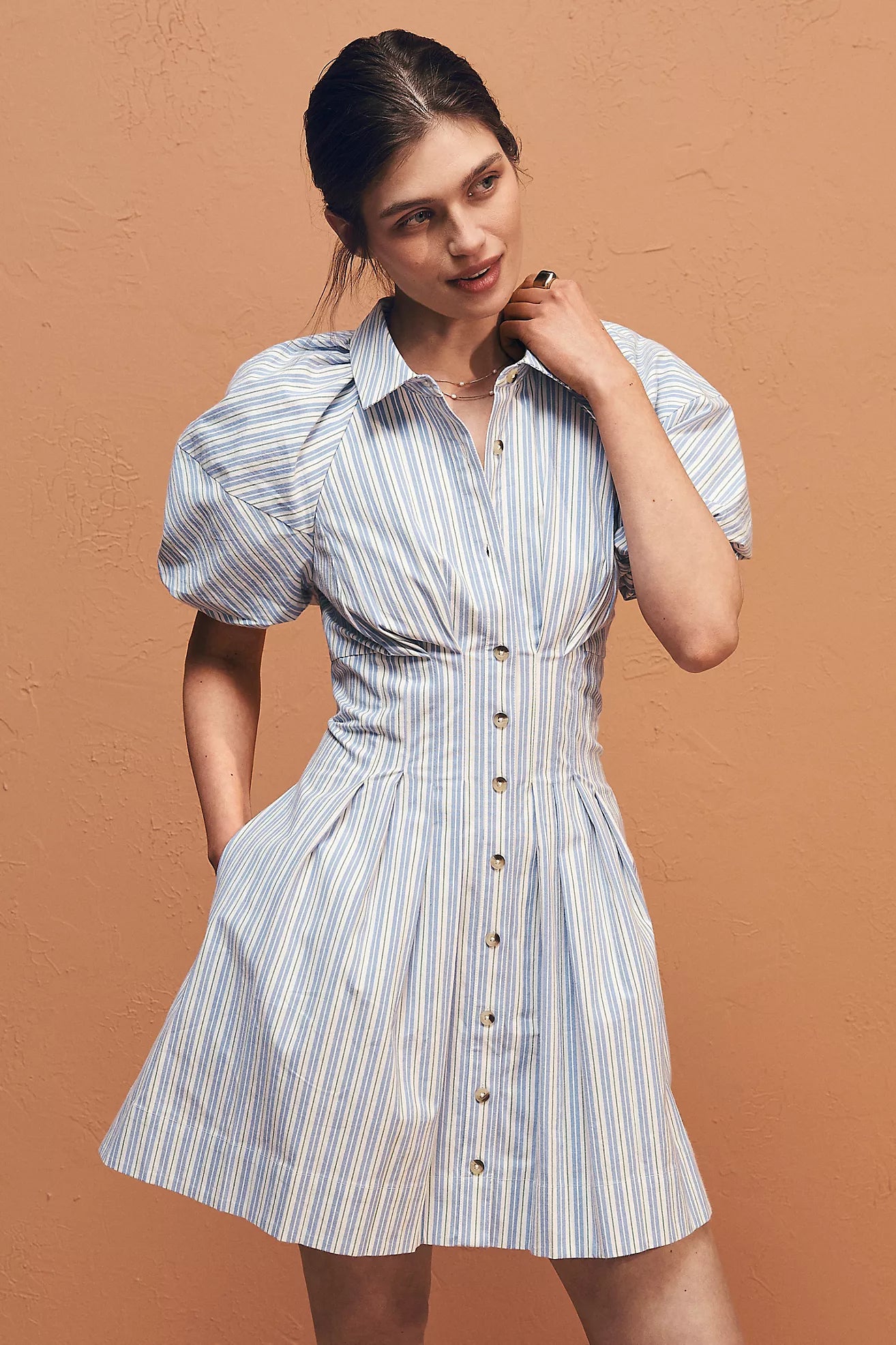 By Anthropologie Puff-Sleeve Mini Shirt Dress
