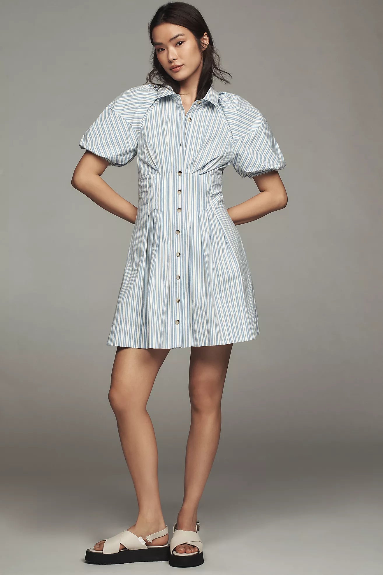 By Anthropologie Puff-Sleeve Mini Shirt Dress