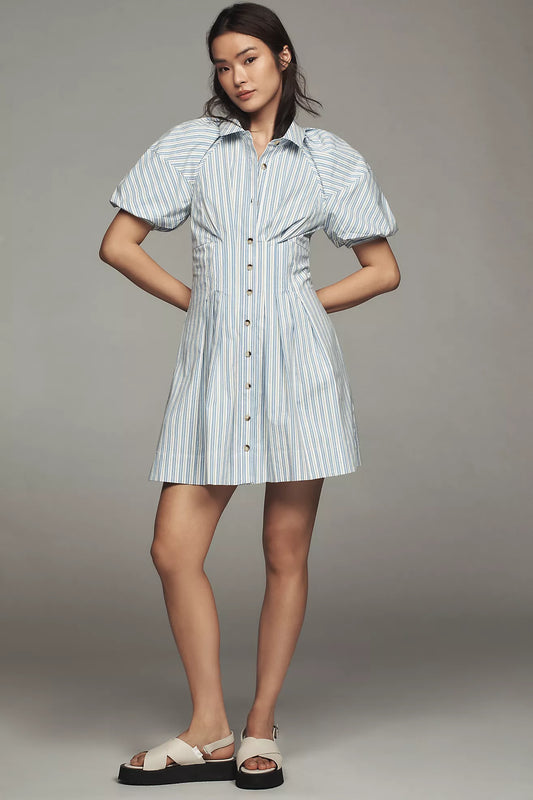 By Anthropologie Puff-Sleeve Mini Shirt Dress