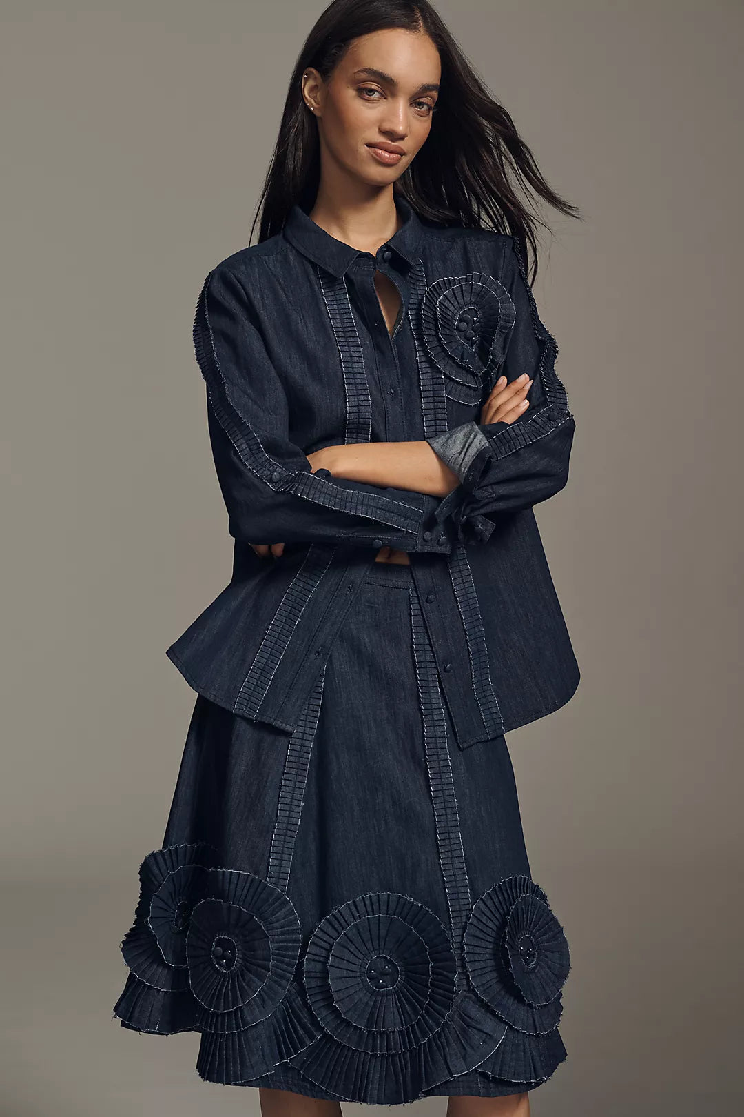 Pilcro Long-Sleeve Rosette Denim Buttondown Shirt
