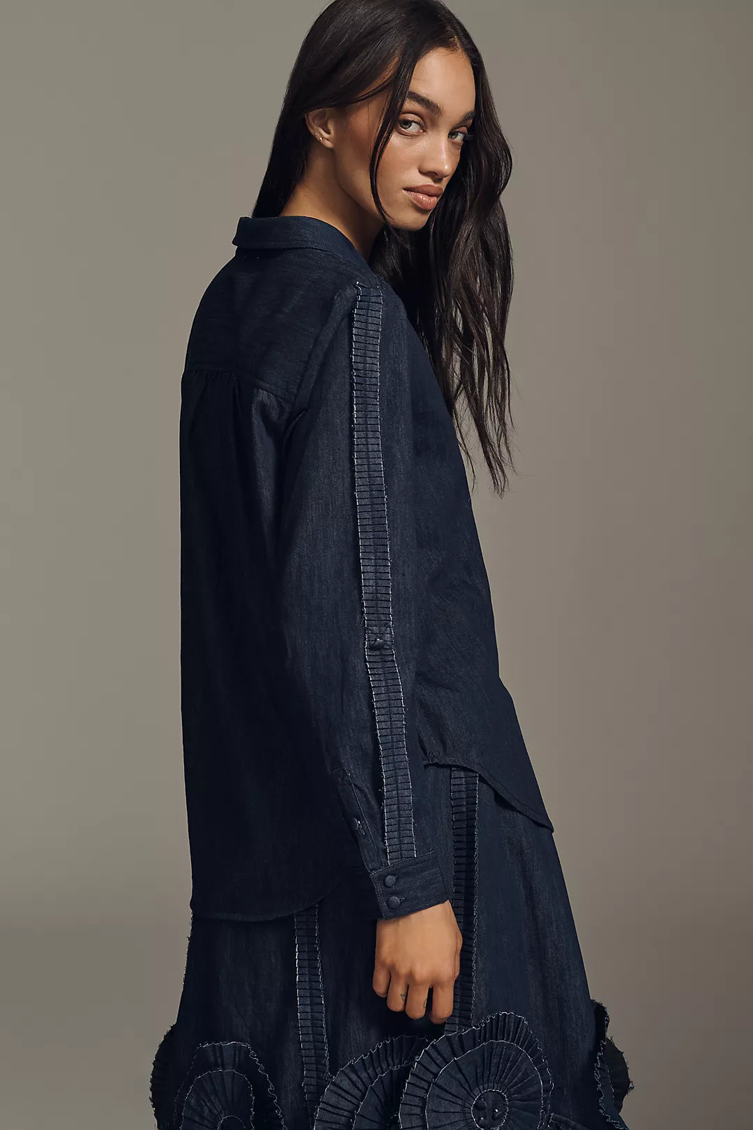 Pilcro Long-Sleeve Rosette Denim Buttondown Shirt
