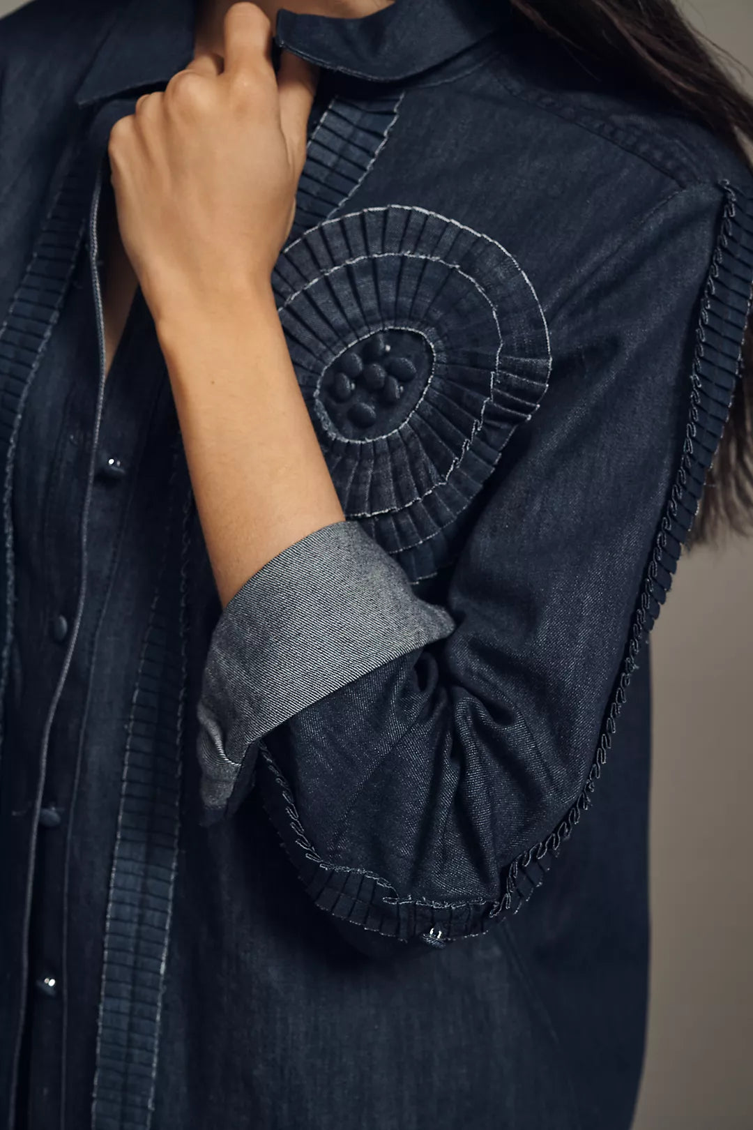 Pilcro Long-Sleeve Rosette Denim Buttondown Shirt