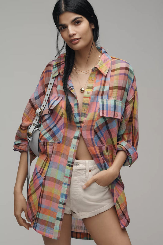 Pilcro Long-Sleeve Mixed Madras Plaid Oversized Buttondown Shirt